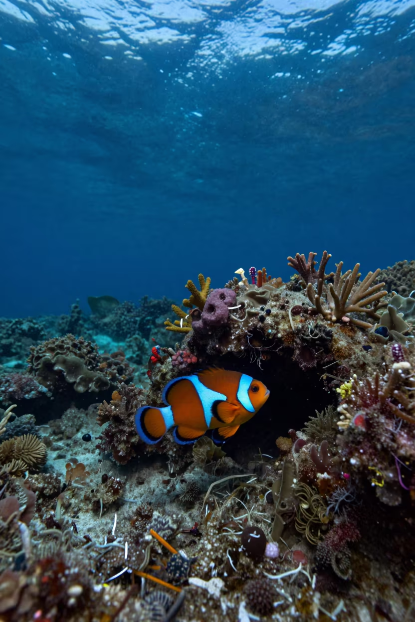 Mandarin Fish Glowing on Twilight Reef in beside a reef crevice under clear water near Cairns