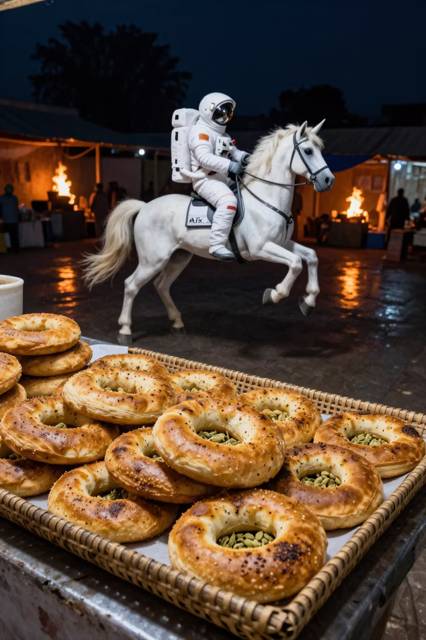 Mandazi Cardamom Tray Night Market Surreal in at a market stall counter in Sialkot