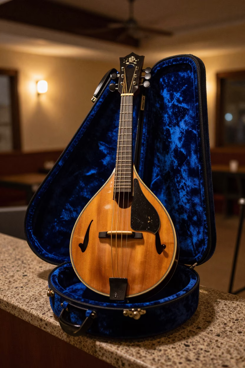 Mandolin Case in Huambo Neon Monsoon Light in on a stone ledge in Huambo