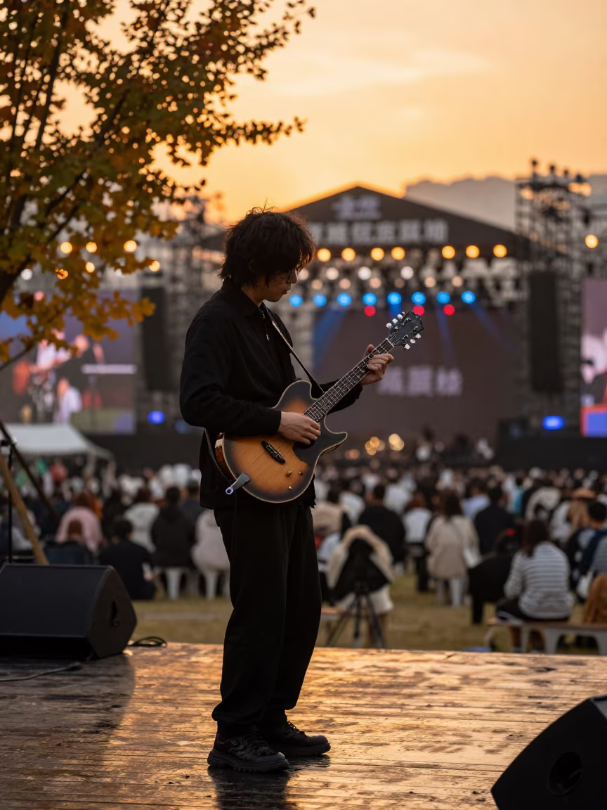 Mandolin Picker on Chongqing Festival Stage in on a festival main stage in Chongqing
