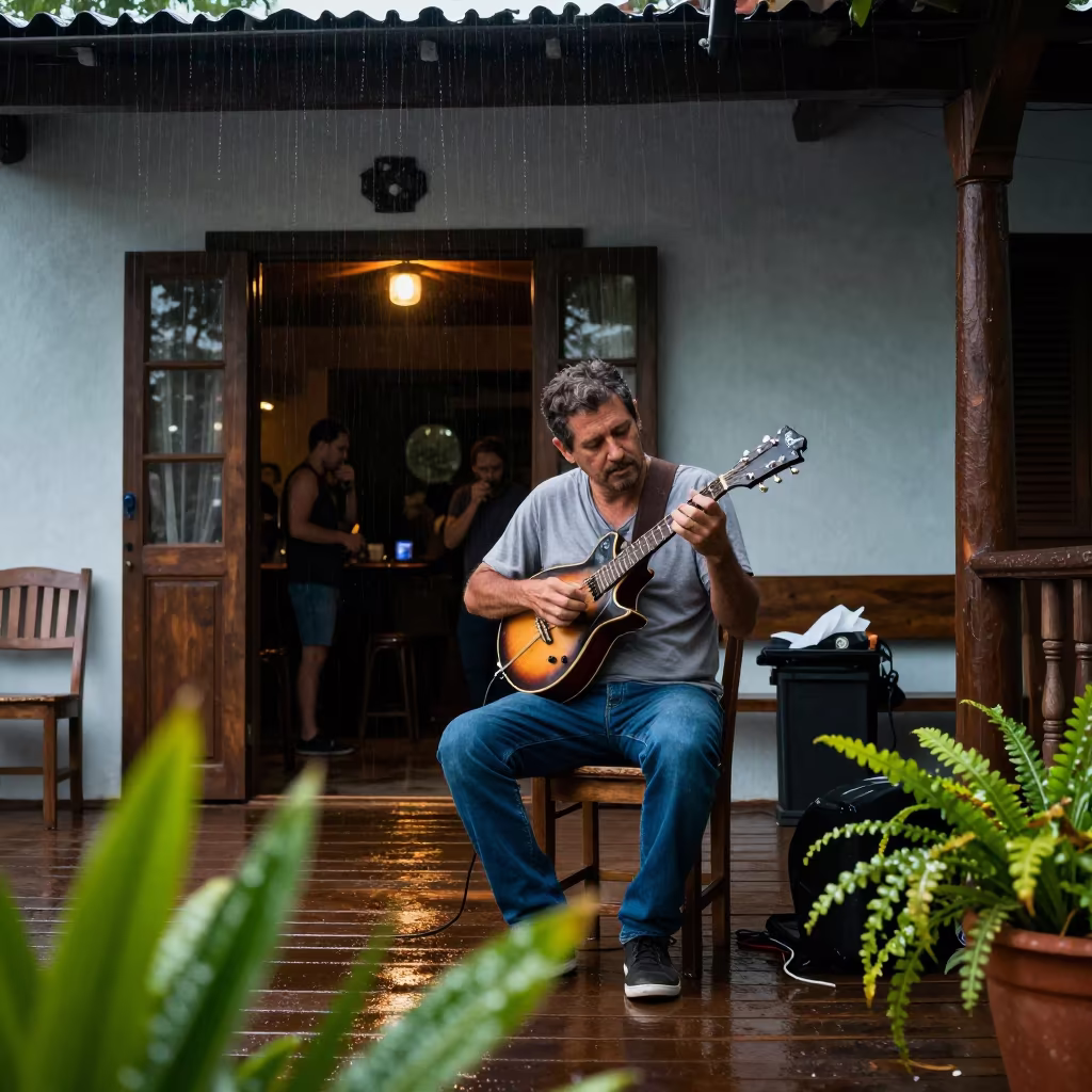 Mandolin Picker on Wet Porch in Cumaná Drizzle in at a jazz club in Cumaná