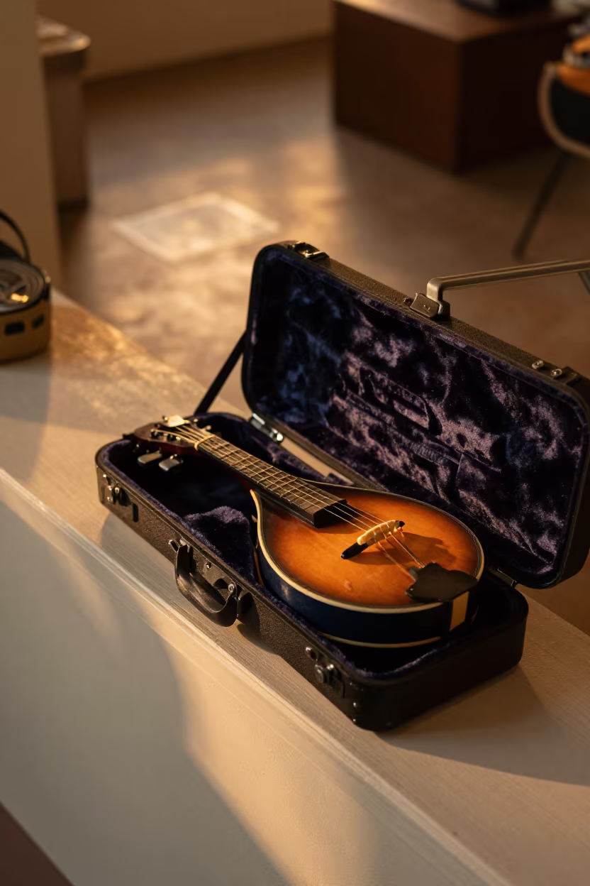 Mandolin in Velvet Case Under Amber Sunset Light in on a painted display ledge near Taichung