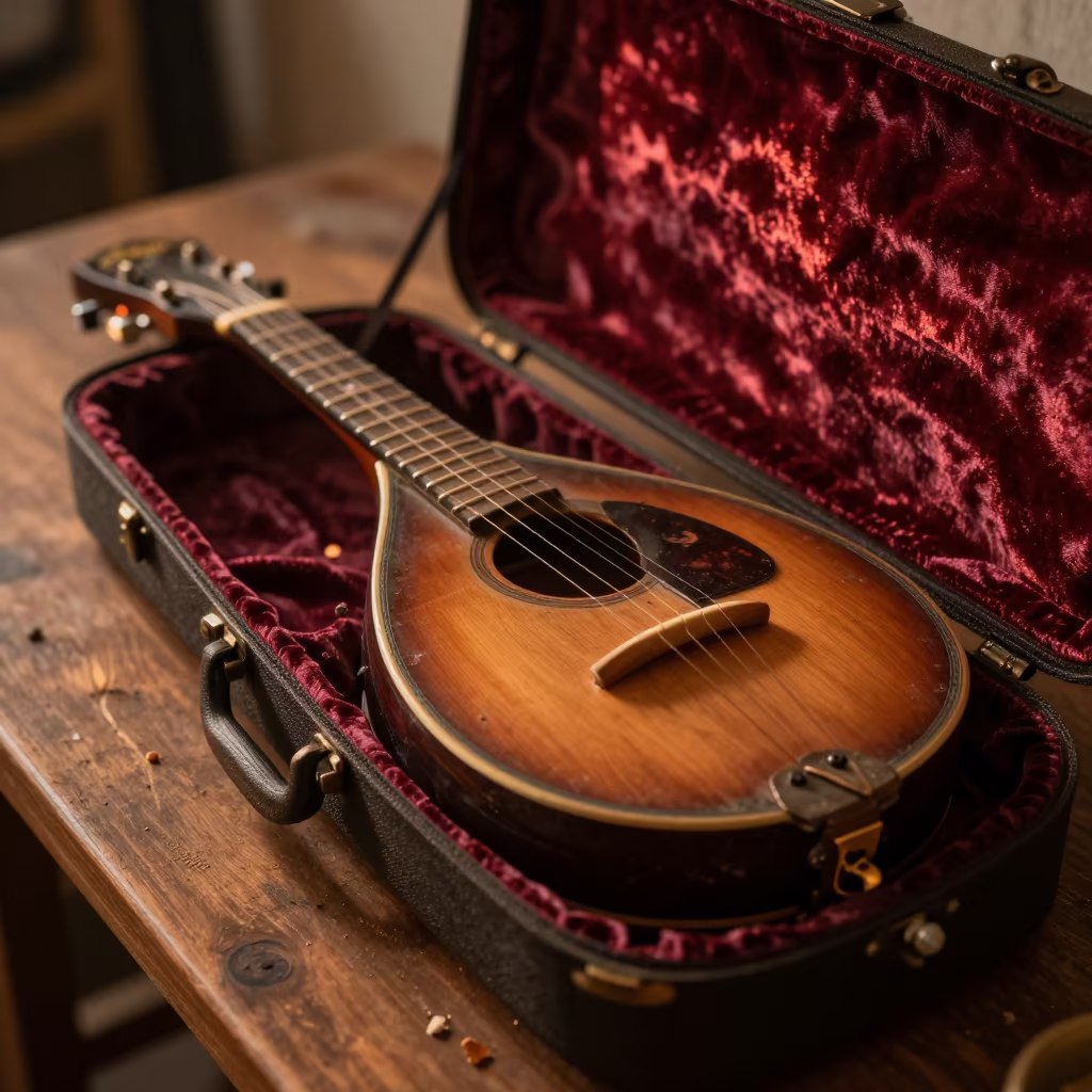 Mandolin in Velvet Case Chandni Chowk Amber Light in on a wooden workbench near Chandni Chowk, Delhi