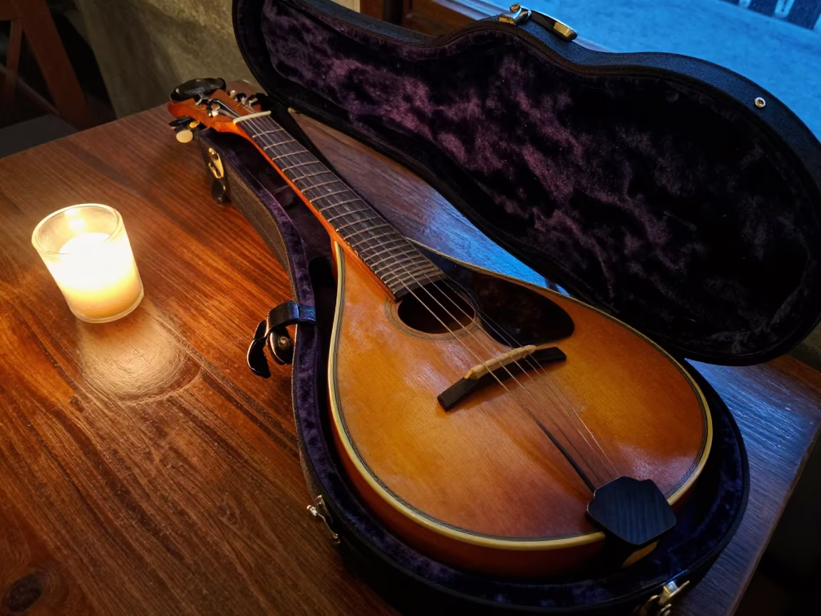 Mandolin in Velvet Case Under Warm Candlelight in on a cafe table by a window in Nouakchott