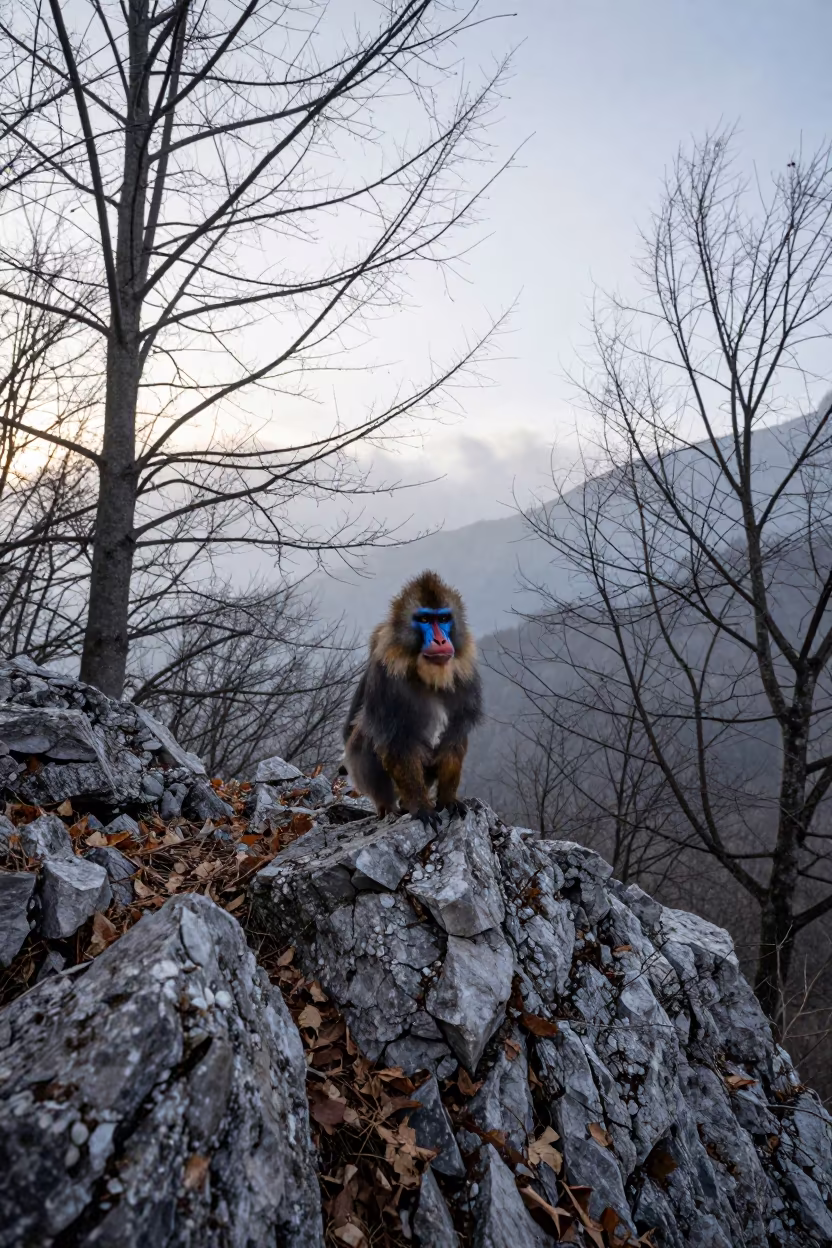 Mandrill on Lombardy Ridge at Dawn in on a wind-scoured ridge in Lombardy