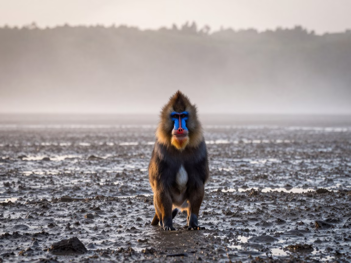 Mandrill at Tidal Inlet Dawn Mist in beside a tidal inlet near Ekibastuz