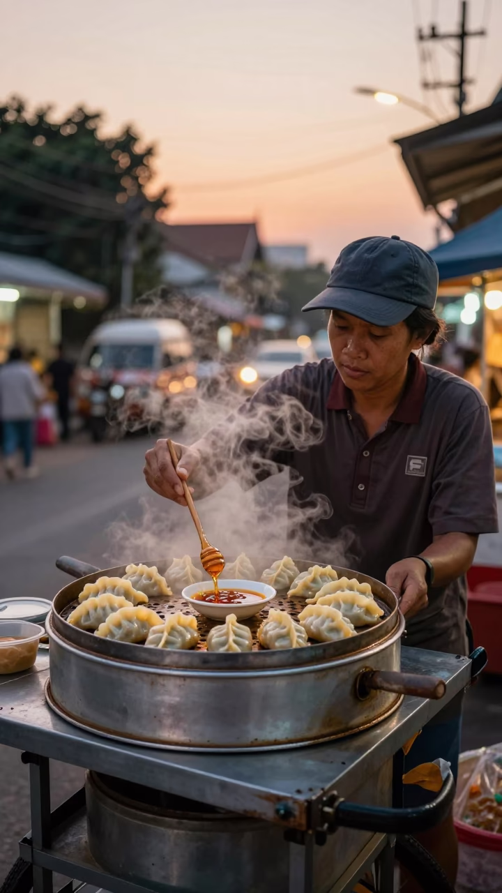 Mandu Dumplings in Chiang Mai at Honeyed Evening Light in in Chiang Mai, Thailand
