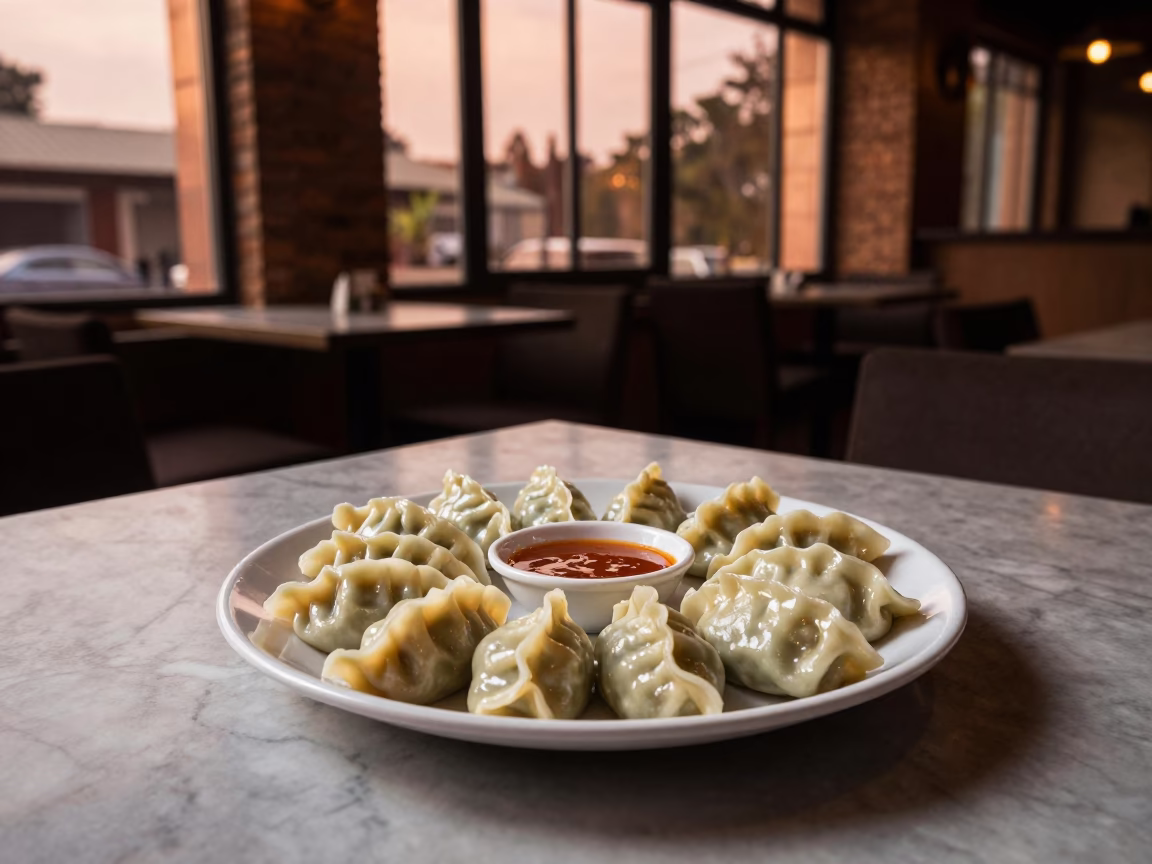 Mandu Dumplings on Marble Cafe Table in Kumasi in on a marble cafe table in Kumasi