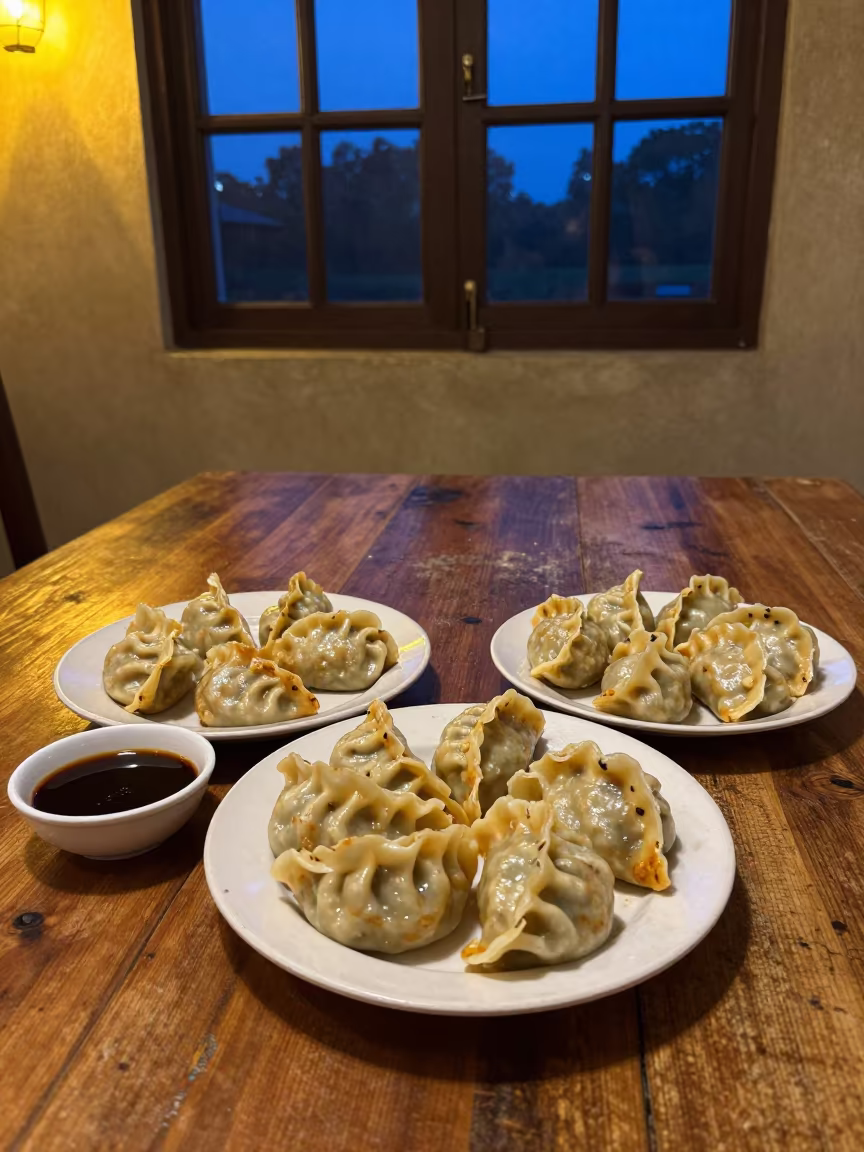 Mandu Dumplings and Sauce on Rustic Table in on a rustic wooden table in Maun