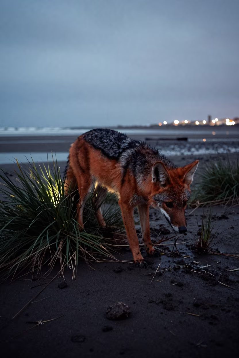 Maned Wolf in Arica Tidal Flat Evening Shadow in beside a tidal inlet near Arica