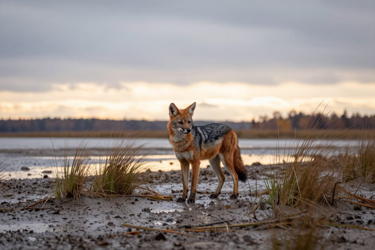 Maned Wolf in Autumn Tidal Flat in near Moscow