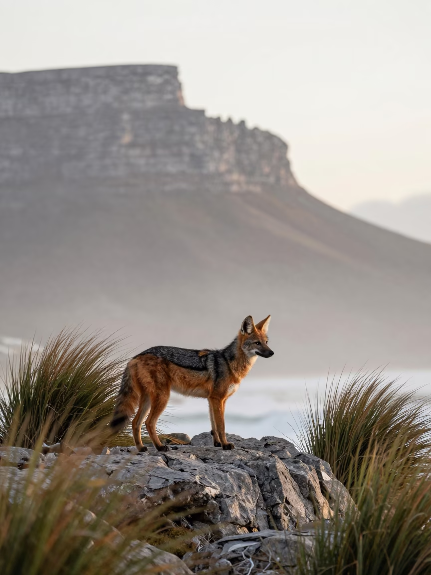 Maned Wolf on Cape Rock Ledge at Dawn in near Cape Town