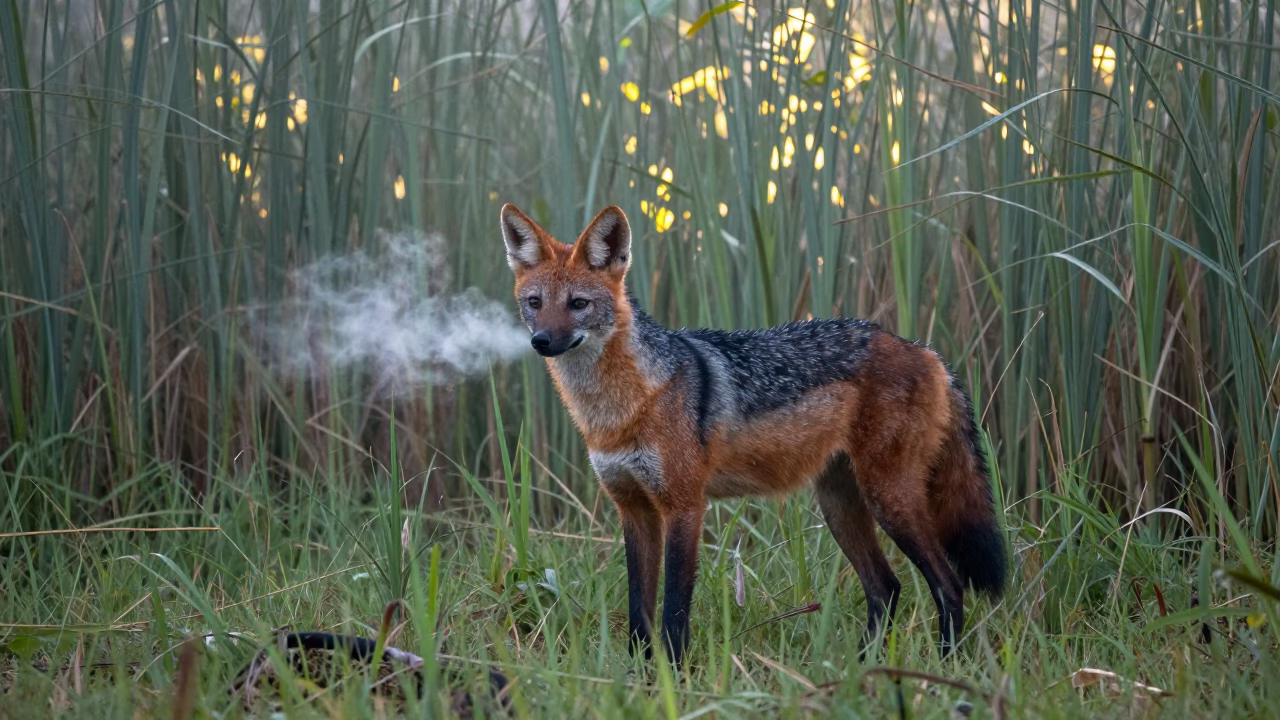 Maned Wolf in Panama Reed Bed Fog in in Panama