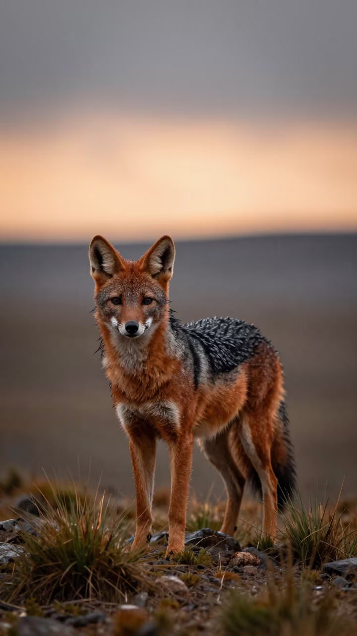 Maned Wolf on Patagonian Ridge After Rain in on a wind-scoured ridge in Patagonia