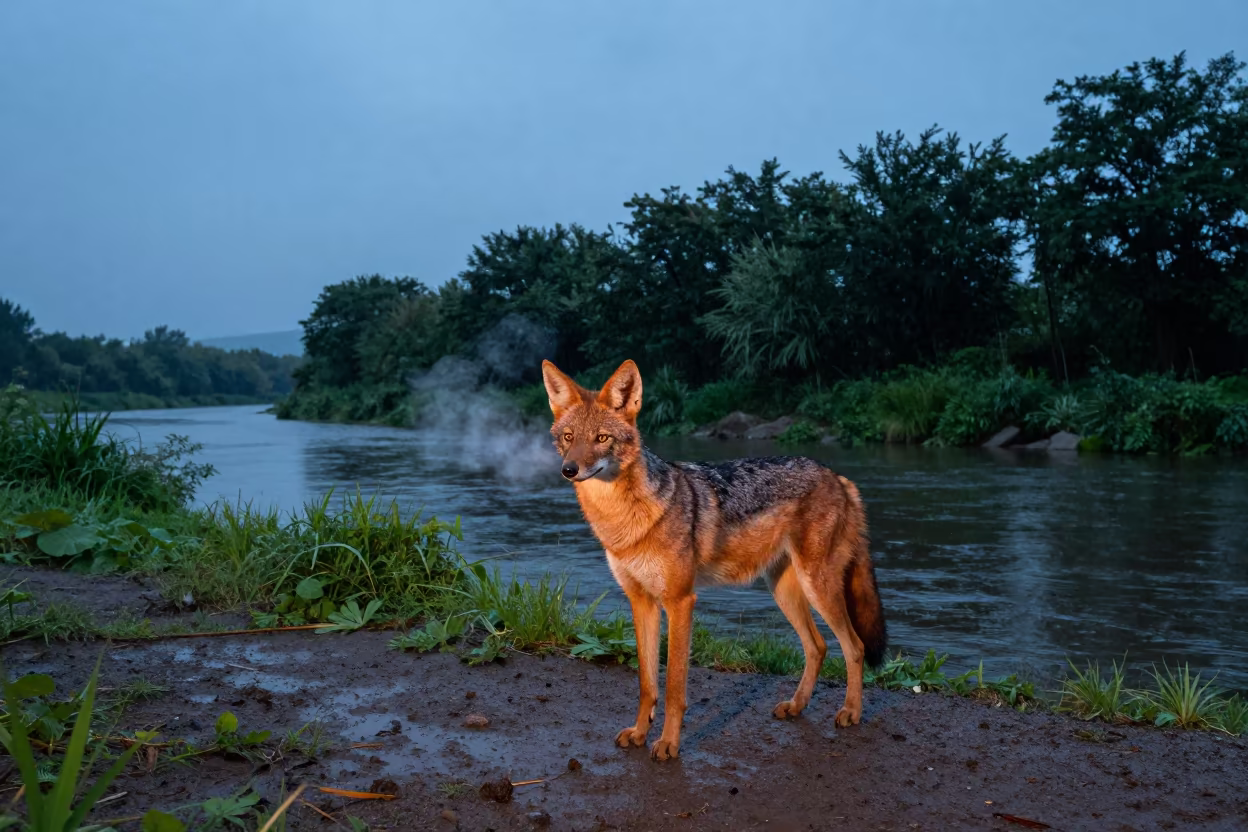 Maned Wolf Riverbank Chugoku Monsoon Dusk in along a game trail in Chugoku