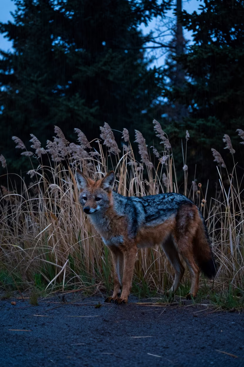 Maned Wolf Silhouetted in Yukon Rain in at the edge of a reed bed in Yukon
