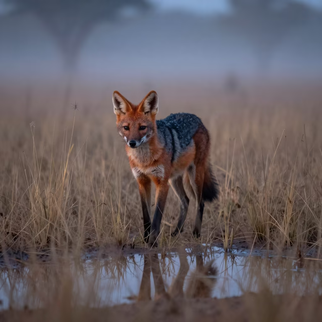 Maned Wolf Striding Through Dry Cerrado Mist in in Rio Grande do Sul
