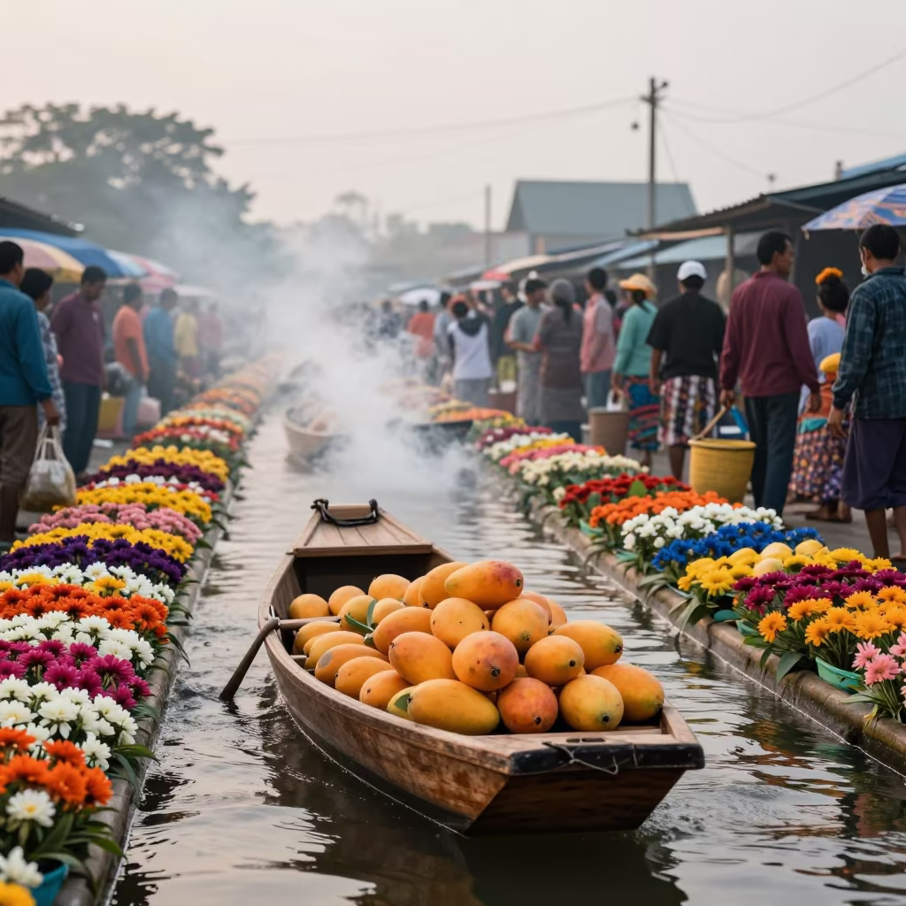 Mango Canoe at Milagro Flower Auction Dawn in at a flower auction bench in Milagro