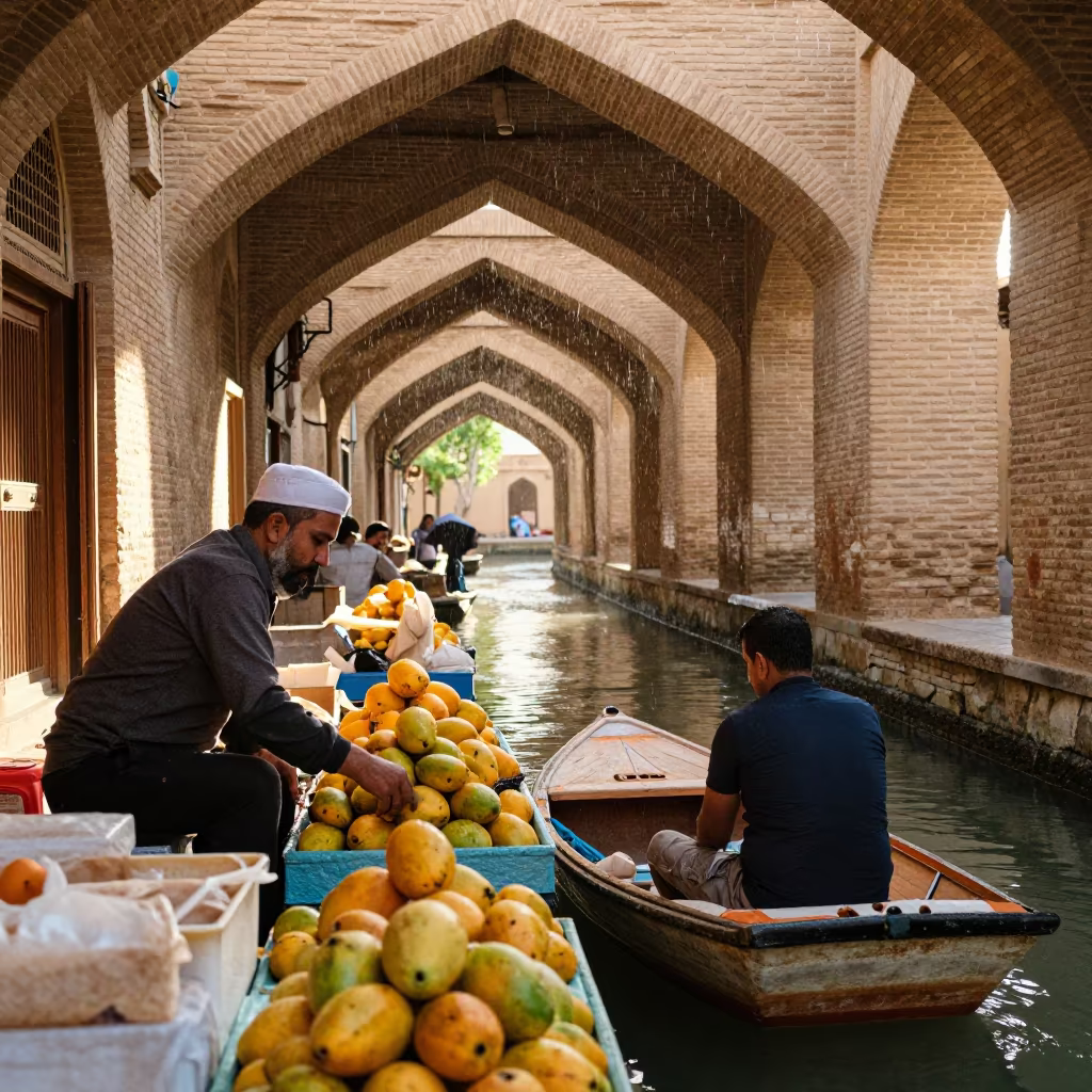 Mango Exchange in Yazd Covered Bazaar in in a covered bazaar aisle in Yazd