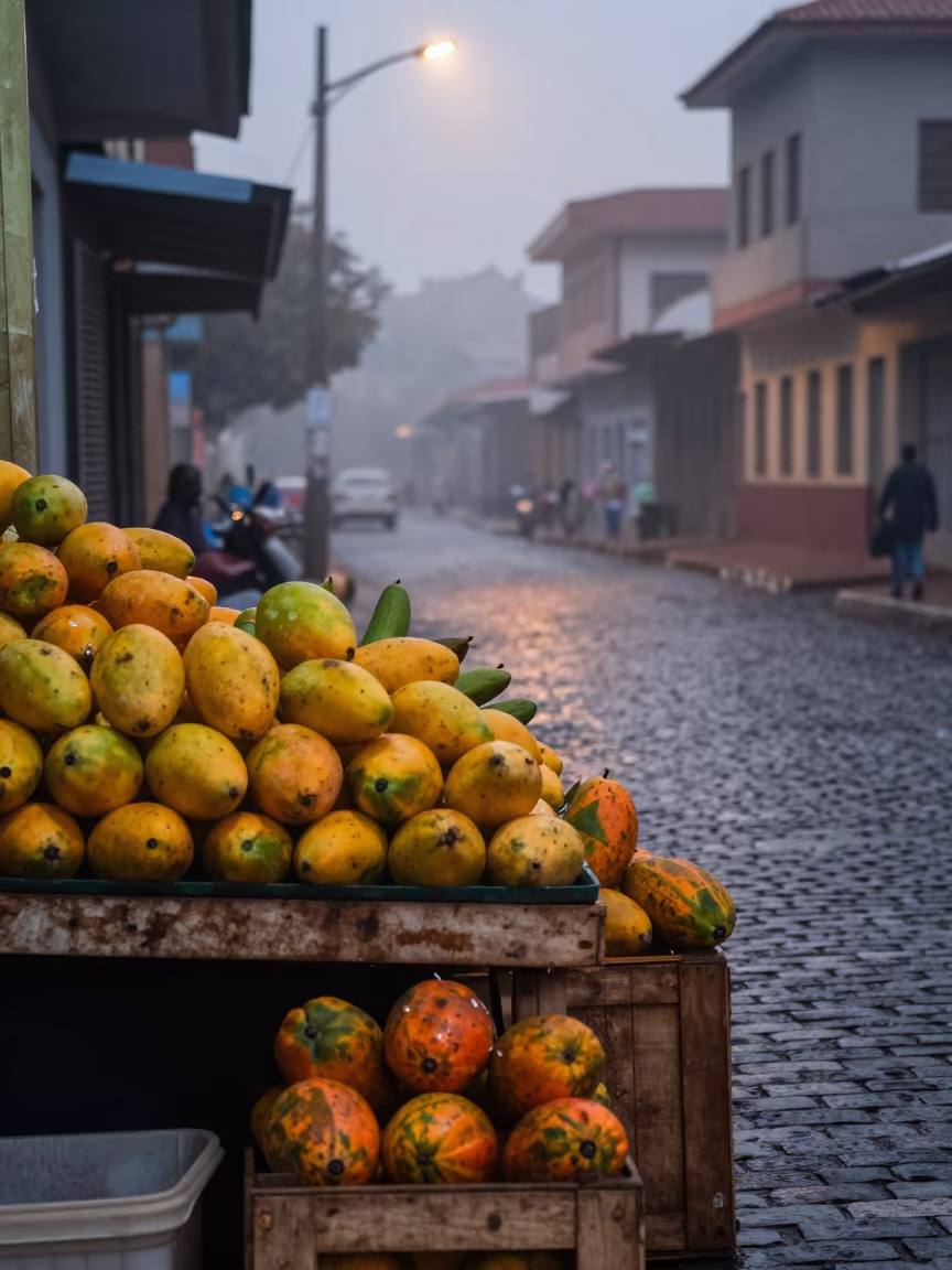 Mango Papaya Stall Dawn Light Bissau Market in in a flea market lane in Bissau