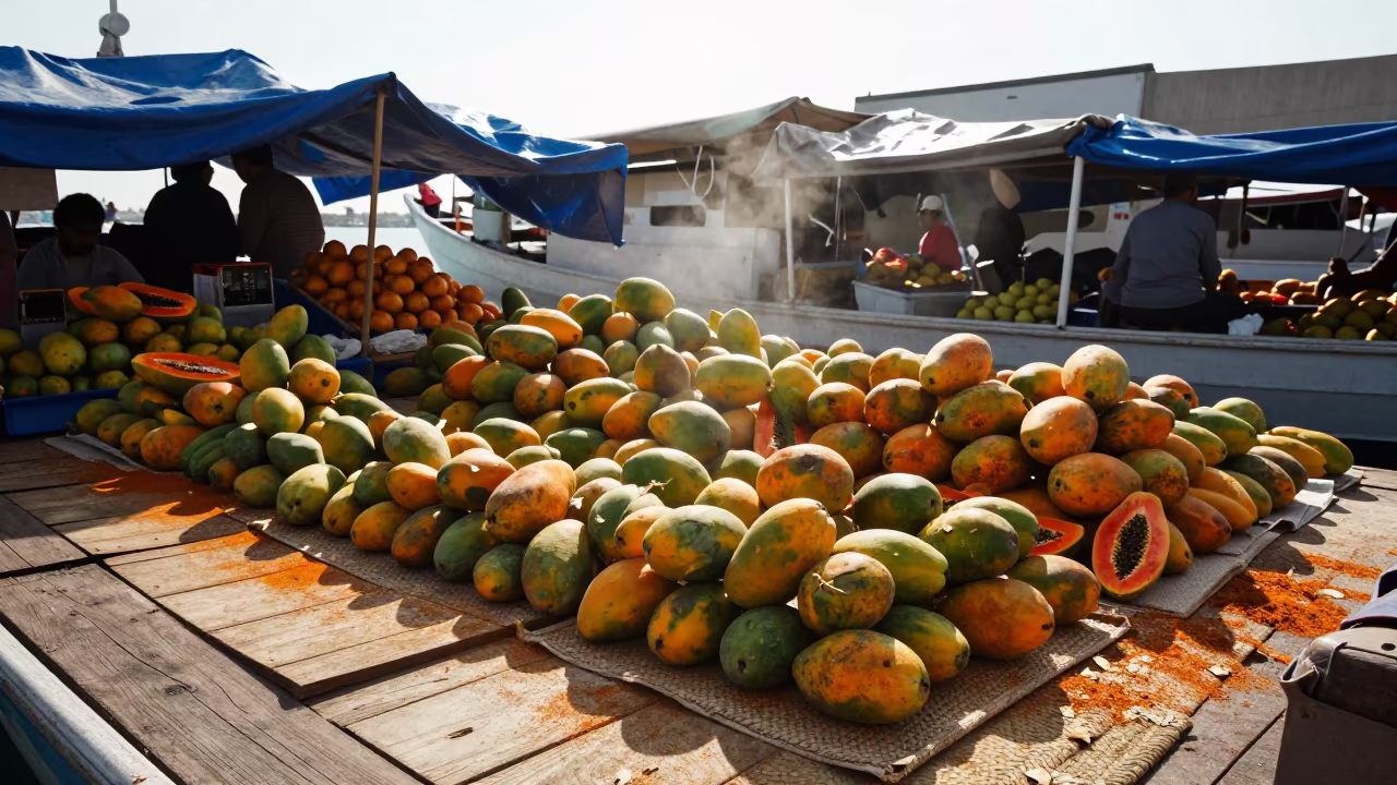 Mango and Papaya Stall on Oran Floating Market Boat in at a floating market boat in Oran