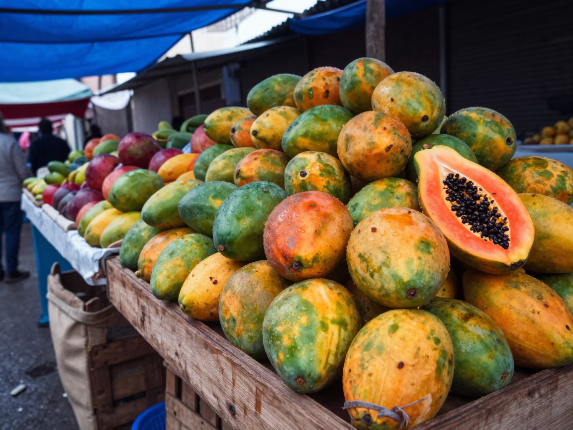 Mango and Papaya Stall in Queretaro Market Lane in in a flea market lane in Queretaro