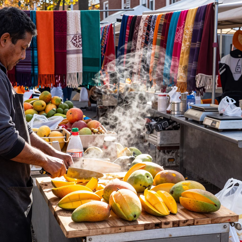 Mango Slicing at Textile Stall in Northern Liberties in at a textile trader's stall in Northern Liberties, Philadelphia