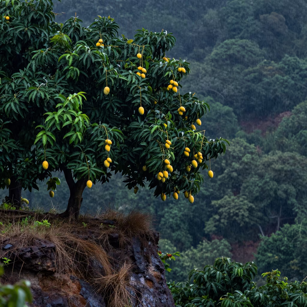 Mango Tree on Black Forest Cliff at Night in along a salt-sprayed cliff edge in the Black Forest