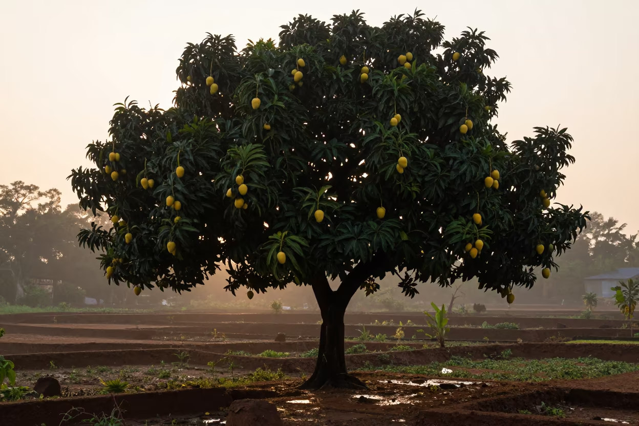 Mango Tree Silhouette at Maradi Dawn in among terraced garden plots near Maradi