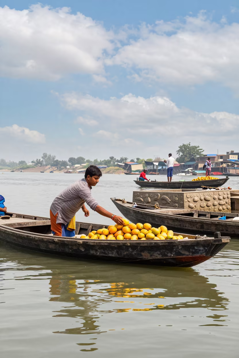 Mango Vendor Passes Fruit at Prayagraj River Market in beside a fish counter in Prayagraj