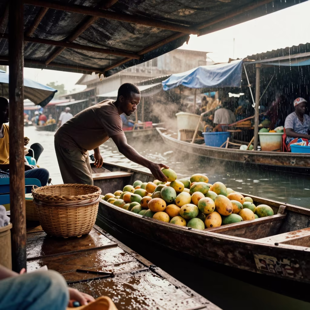 Mango Vendor Passing Fruit at Lagos Market in under a market canopy in Lagos
