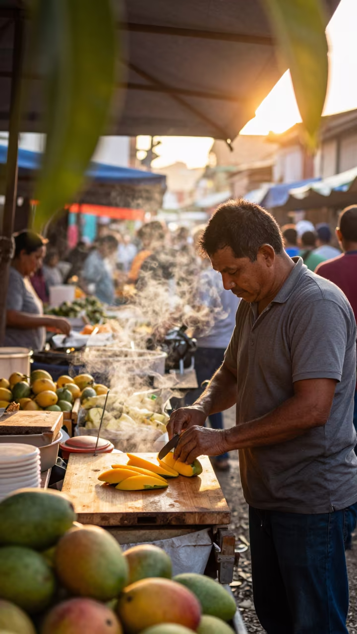 Mango Vendor Slicing Fruit at Sunset in San Rafael in under a market canopy in San Rafael