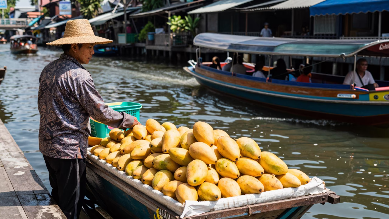 Mangoes and Canal Life in Bangkok Thailand Midmorning in in Bangkok, Thailand