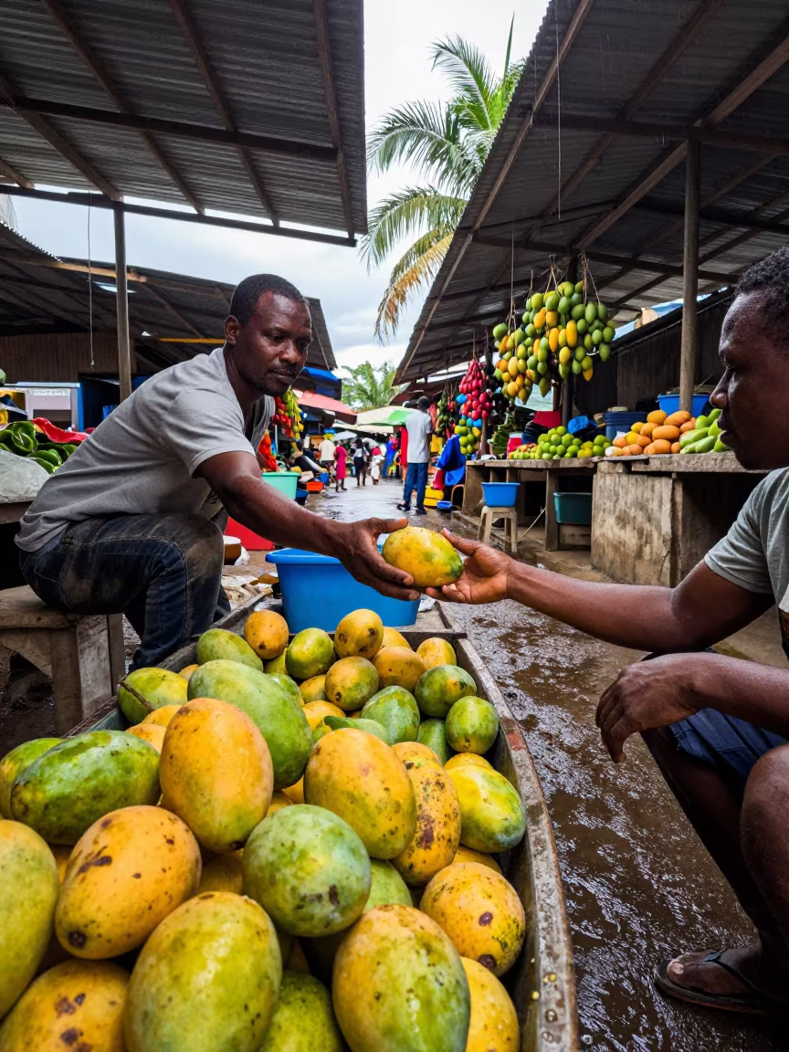 Mangoes Passed in Mufulira Market Rainy Noon in in a covered bazaar aisle in Mufulira