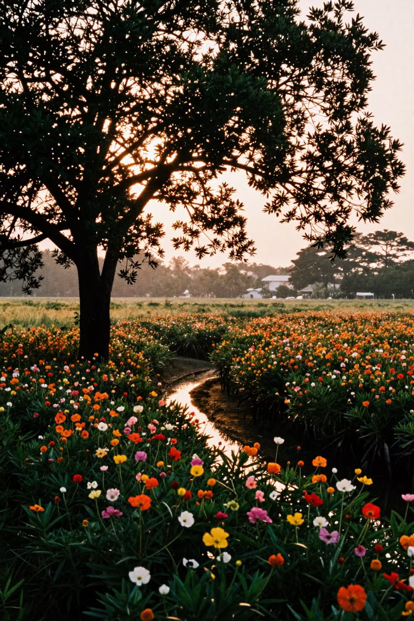 Mangrove Channel Silhouette in Kuala Lumpur Evening Light in in a bloom-heavy meadow near Little India, Kuala Lumpur