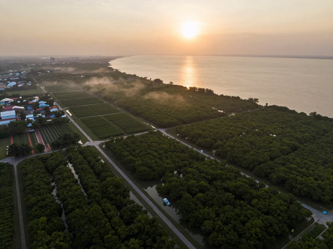 Mangrove Coastline and Irrigation Fields at Sunset in far above orchard blocks and irrigation lines near Ho Chi Minh City
