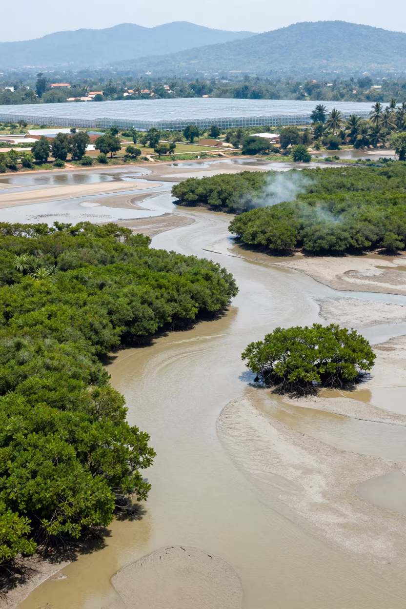 Mangrove Creeks Winding Through Mudflats and Greenhouses in high over greenhouse grids in Tamil Nadu