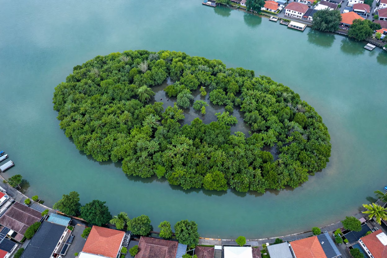 Mangrove Island Above Jakarta Rooftops in high above patterned rooftops near Kemang, Jakarta
