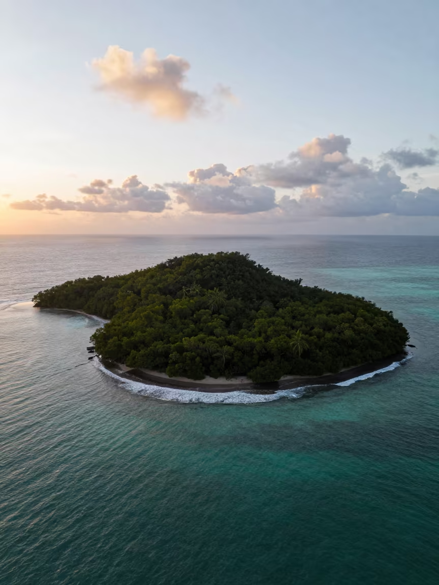 Mangrove Island Aerial Sunset Jamaica in far above surf-scalloped coastline in Jamaica