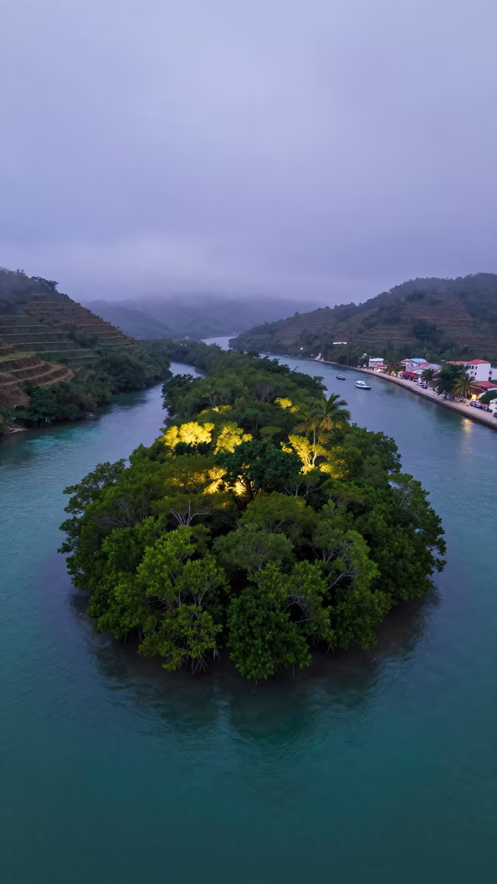 Mangrove Island Silhouette Over Havana Twilight in far above terraced hillsides near Malecon, Havana