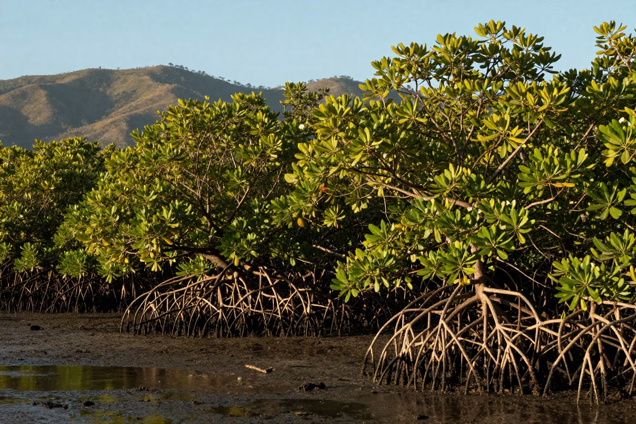 Mangrove Prop Roots and Layered Foothills at Late Afternoon in from a ridge above layered foothills near Salvador