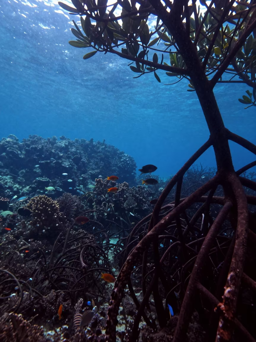 Mangrove Roots and Juvenile Fish Silhouette at Twilight in along a coral wall with blue water beyond near Zanzibar