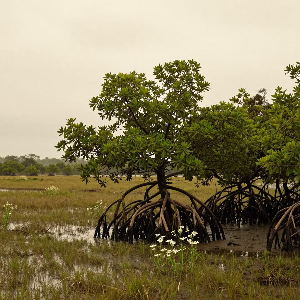 Mangrove Roots Silhouetted Against Monsoon Haze in in a bloom-heavy meadow near Kingston