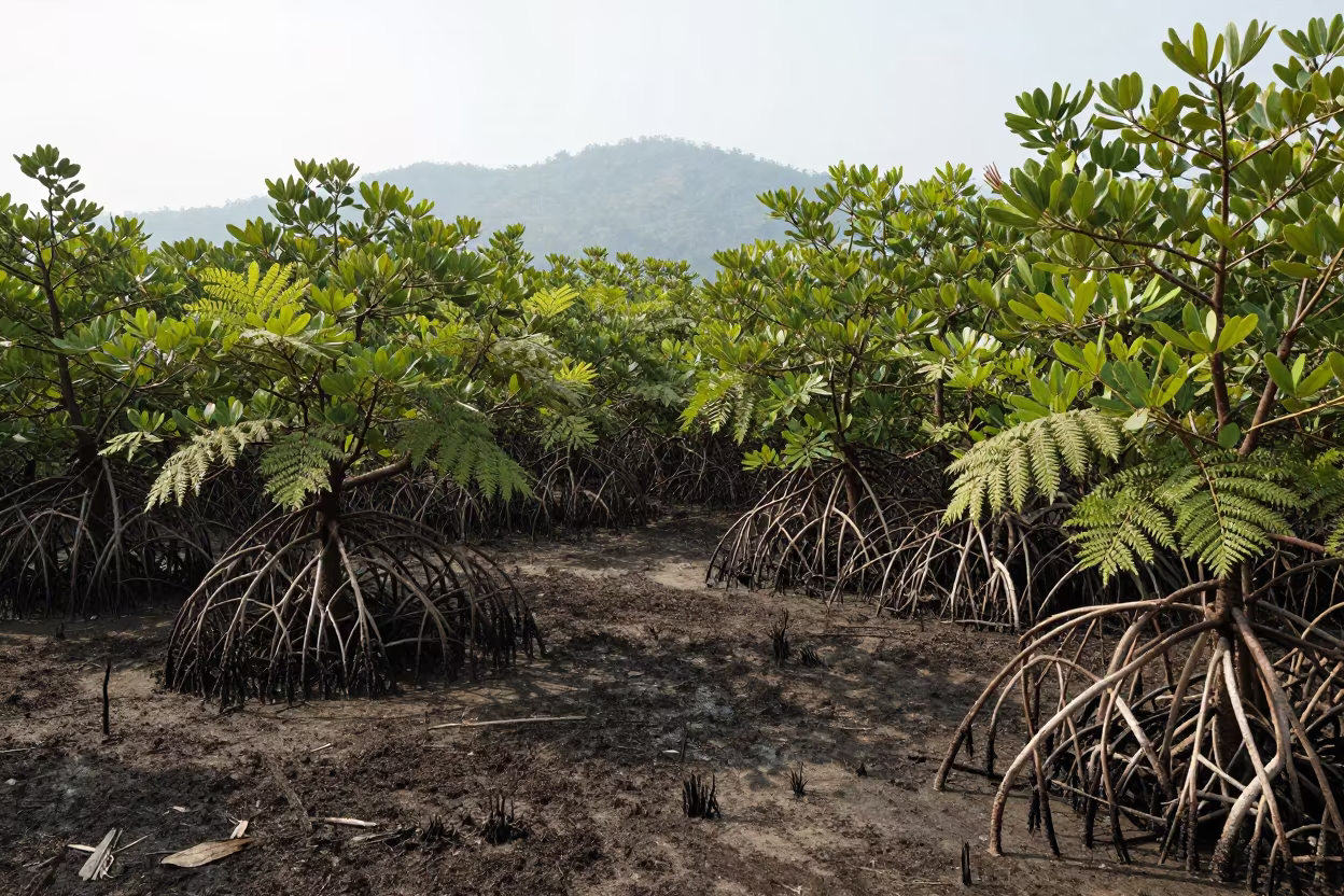 Mangrove Roots Winding Through Ferns in on a fern-lined forest floor near Phuket
