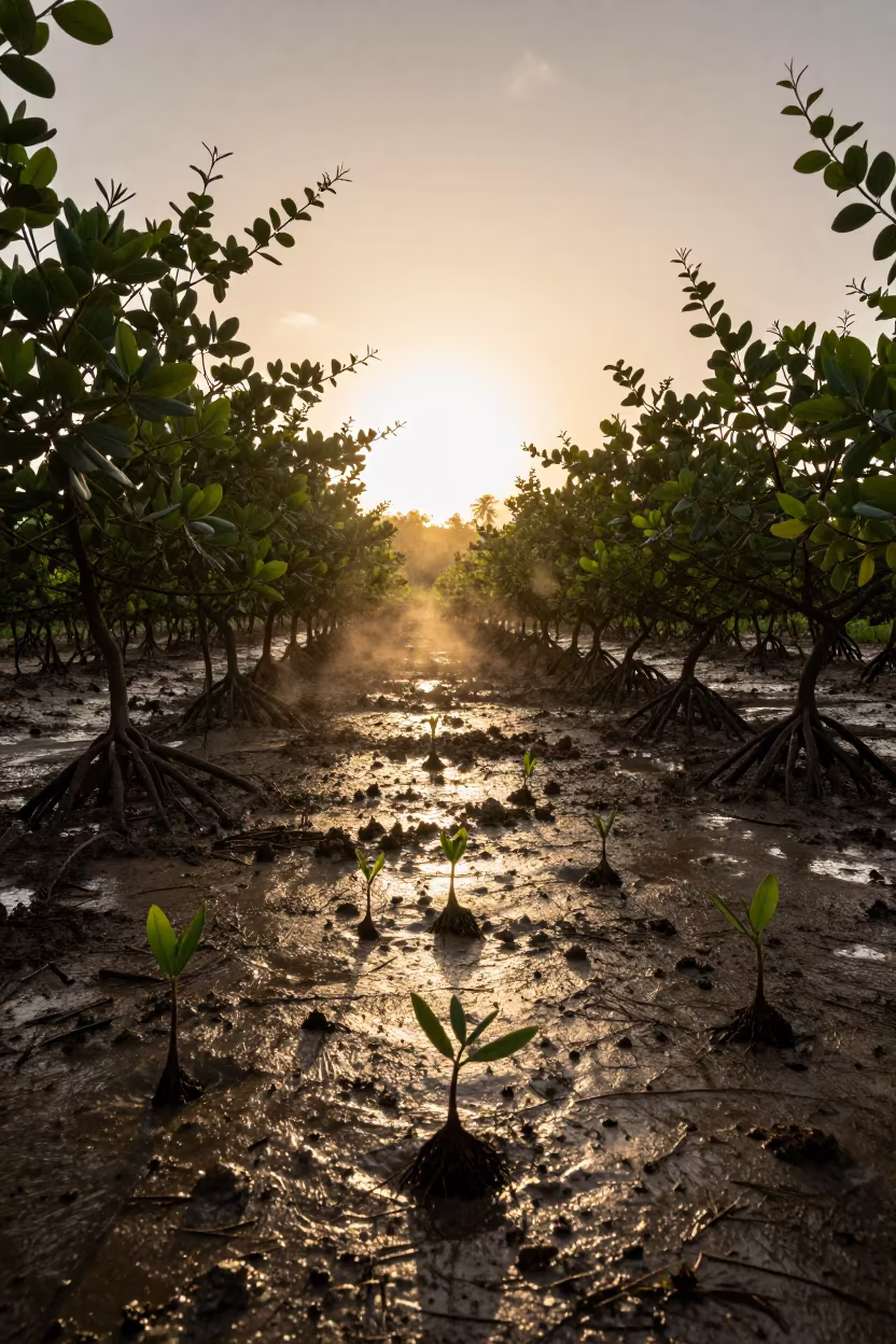 Mangrove Seedling in Jamaican Vineyard at Sunset in between vineyard trellises in Jamaica