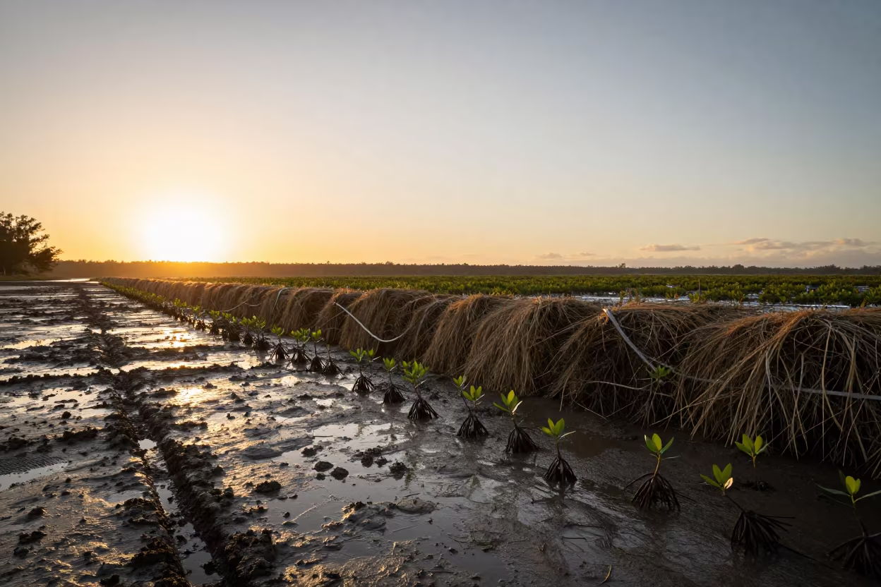 Mangrove Seedling Rooting Near Hay Bales in Queensland in beside stacked hay bales in Queensland