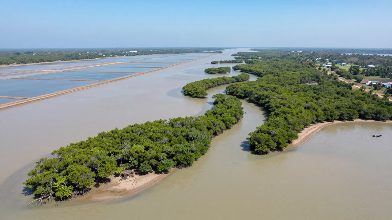 Mangrove Veins Across Tamil Nadu Mudflats in high over salt ponds and causeways in Tamil Nadu