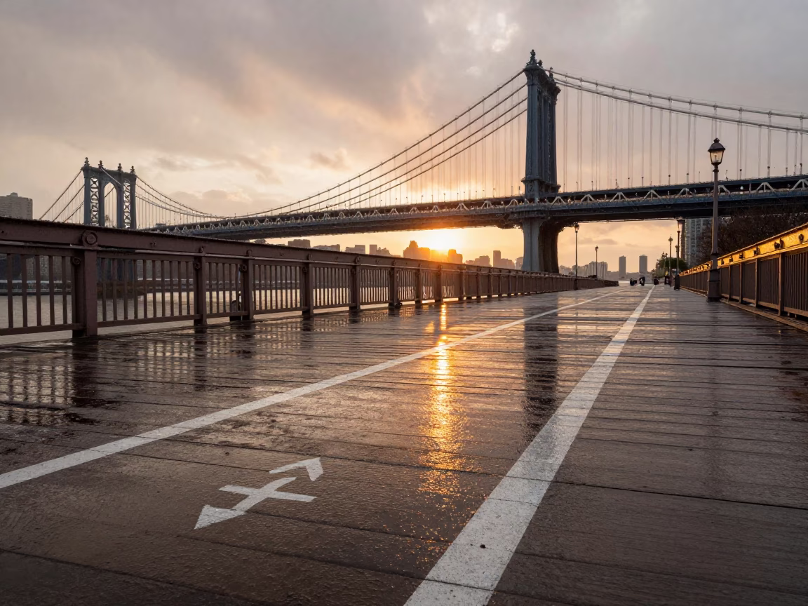 Manhattan Drawbridge Deck Markings Shining Under Harbor Drizzle at Sunset in in New York, New York, United States