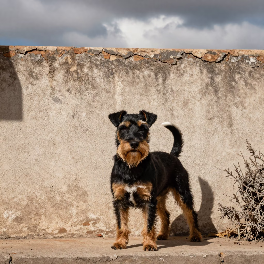 Manhattan Terrier Portrait by Santiago Wall in beside a plain courtyard wall in clear daylight with the animal at eye level near Providencia, Santiago