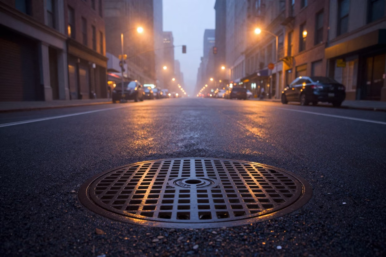 Manhole Cover at The Still Hours Before Dawn Light in New York in in New York, New York, United States